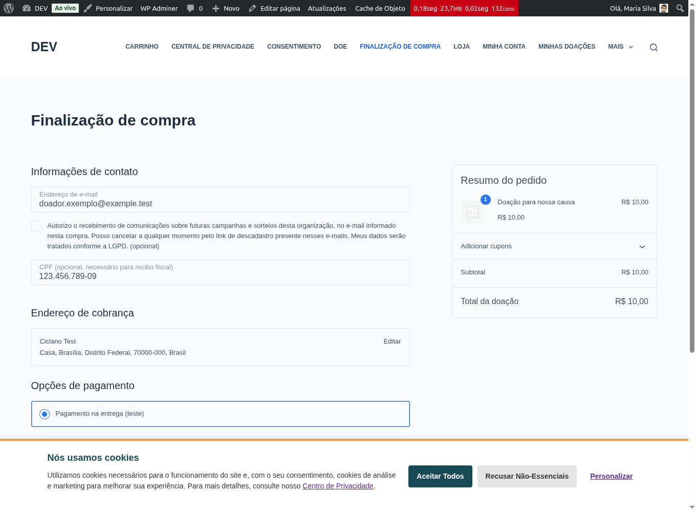 Opção de doação anônima marcada