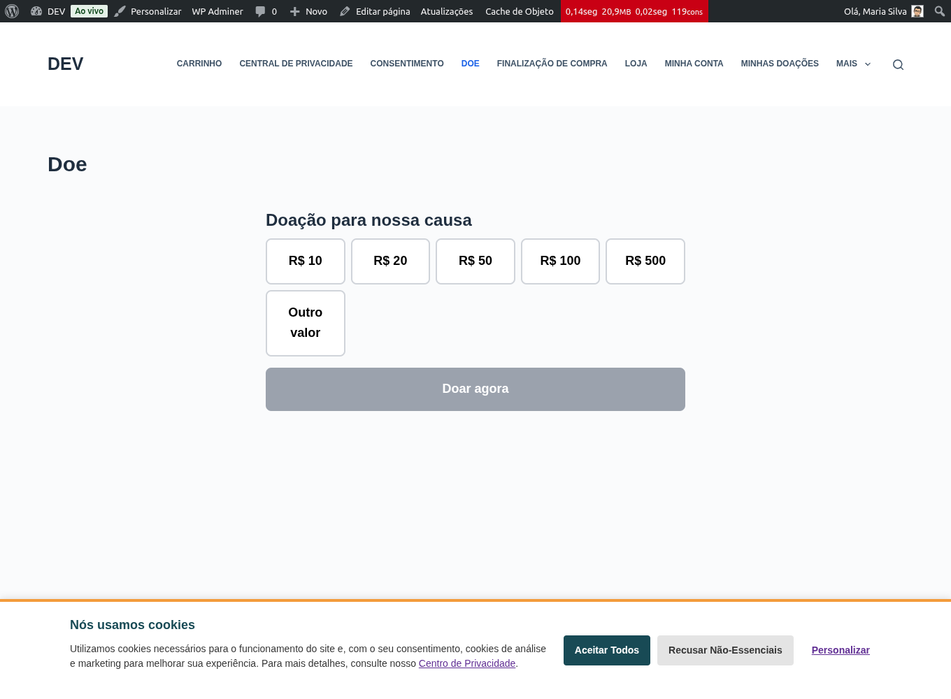 Página de doação com valores sugeridos e valor livre