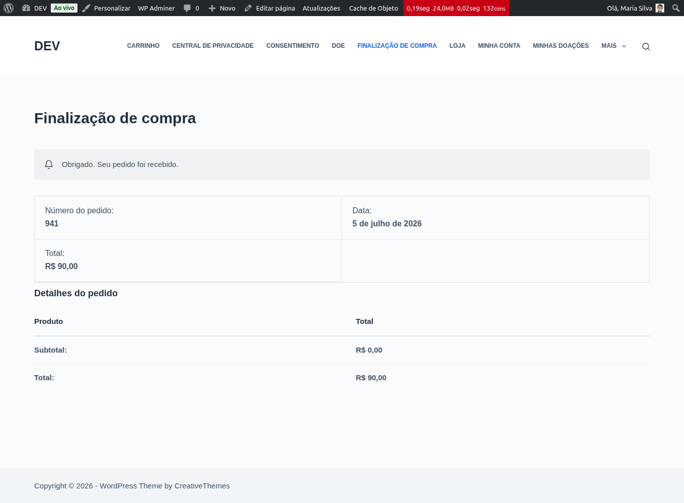 Página de agradecimento após a doação
