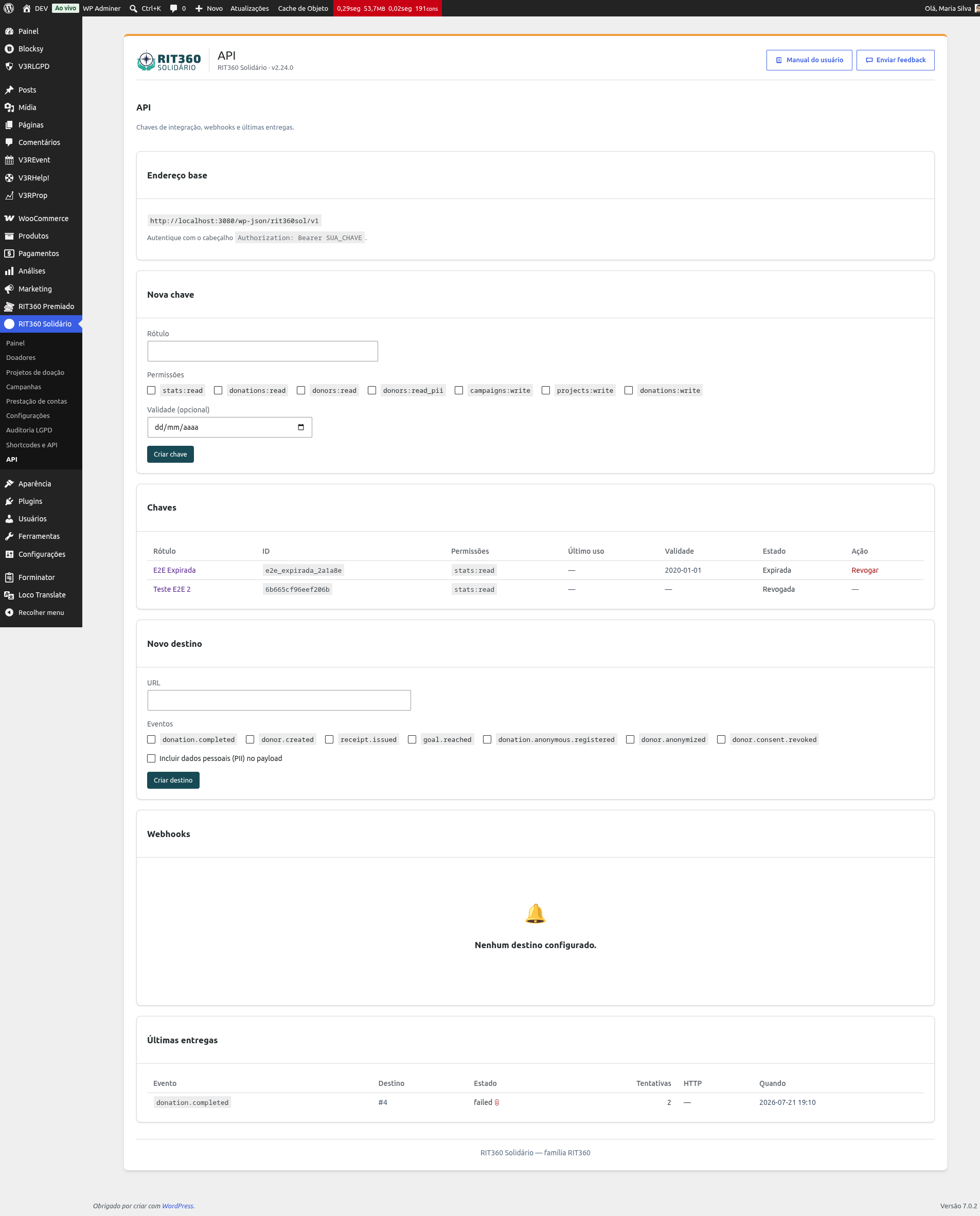Chaves de integração e webhooks na aba API