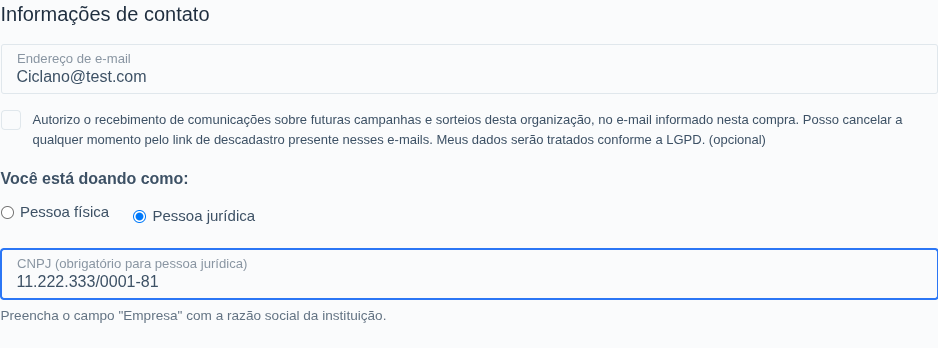 Checkout de doação como pessoa jurídica