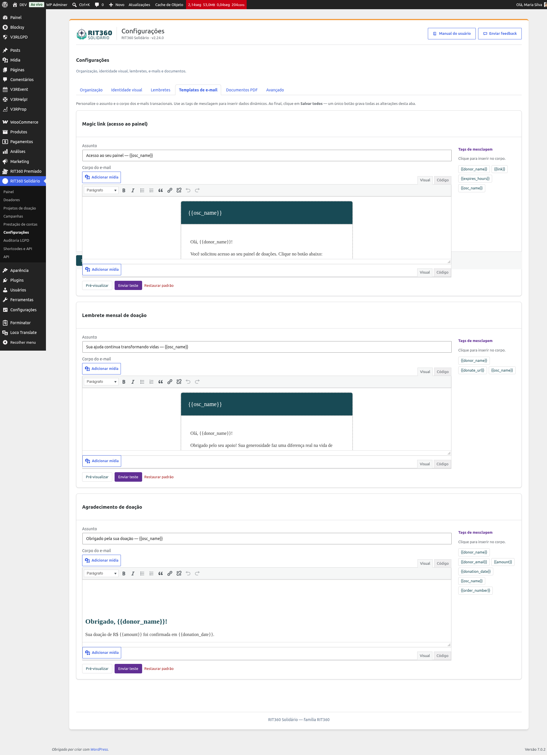 Configurações — Templates de e-mail