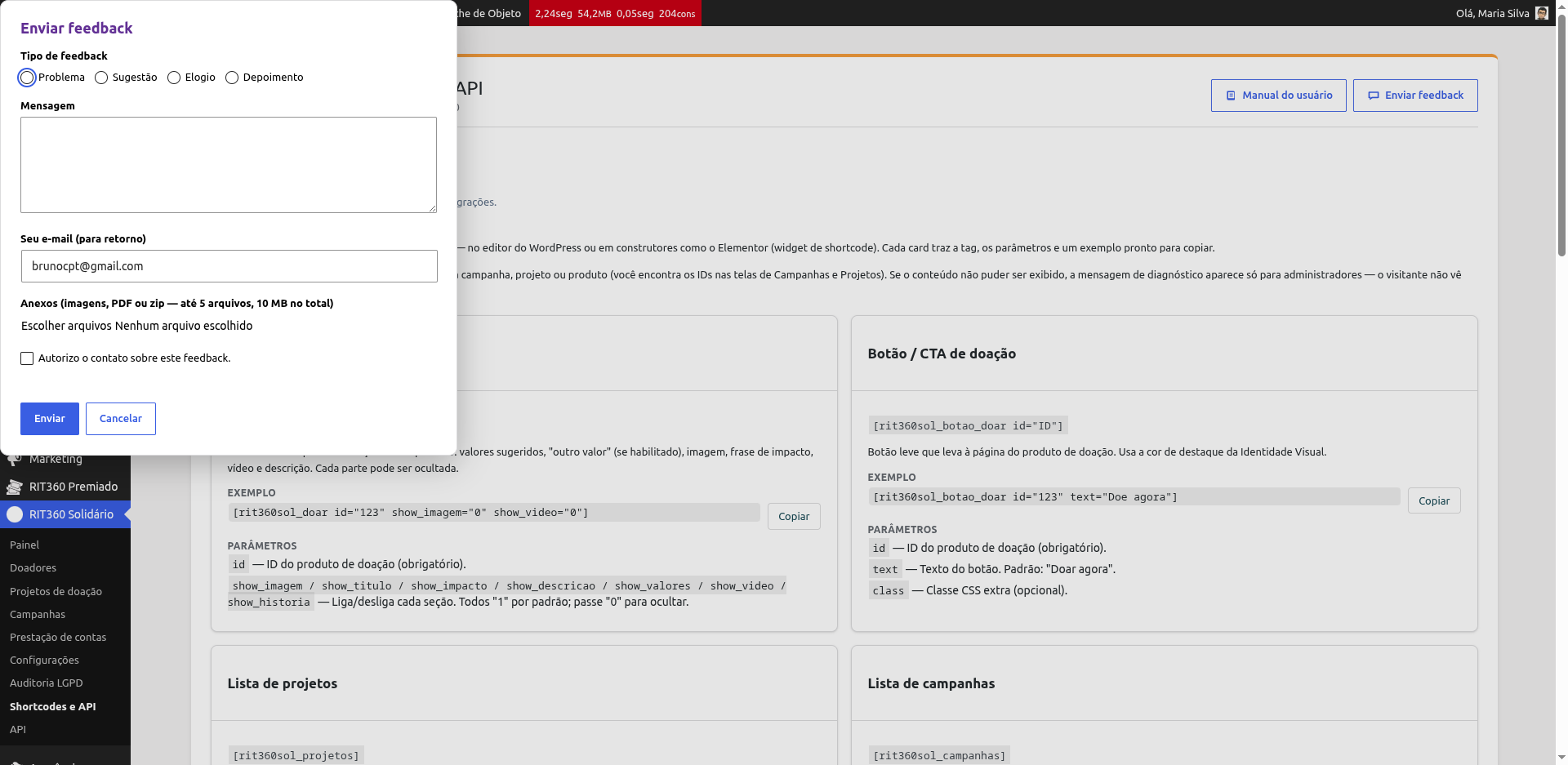Modal de envio de feedback
