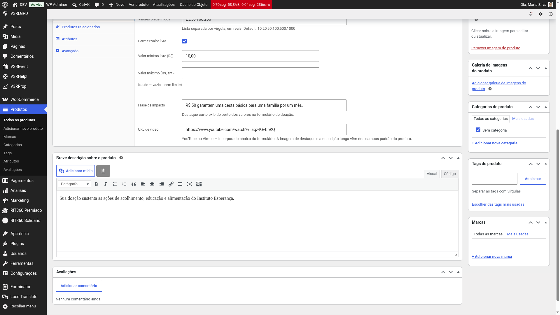 Configuração do produto de doação