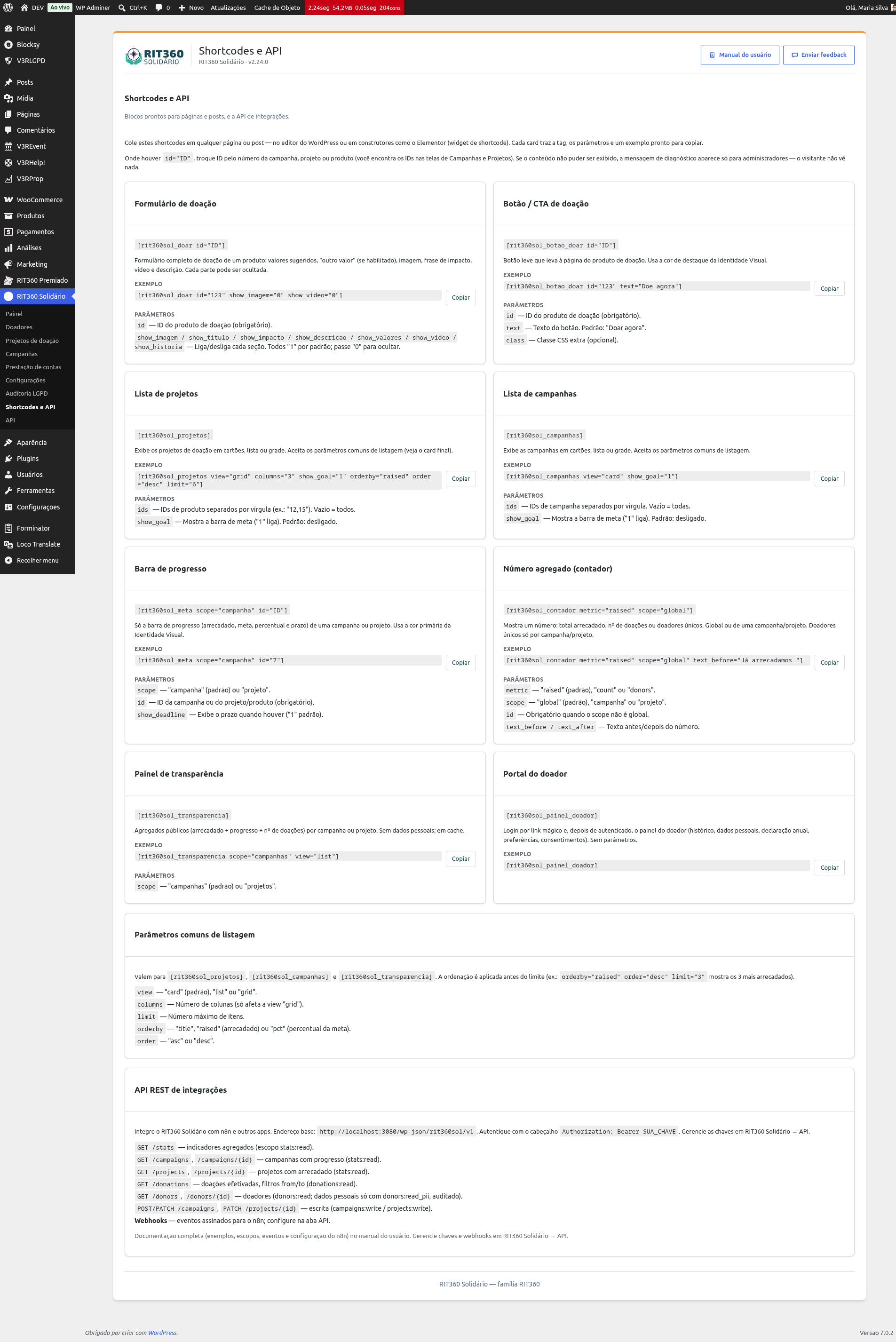 Tela Shortcodes no painel